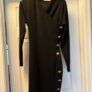 Sophisticated Black Wrap Dress with Gold Buttons